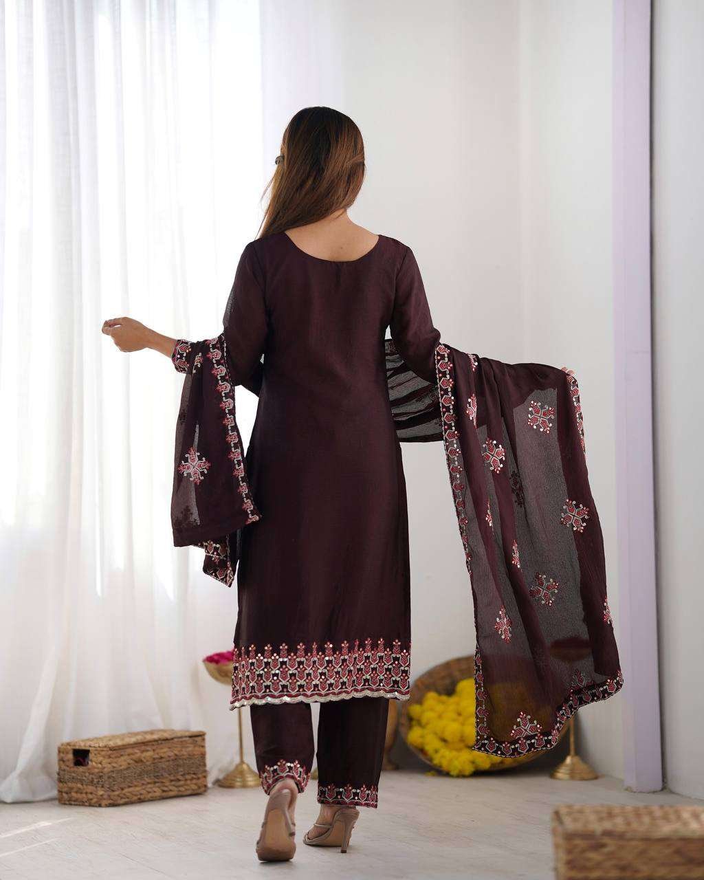 Women's Chinnon Silk Embroidery Sequence Work and Lace Work Straight Kurti With Pant and Dupatta - Image 9